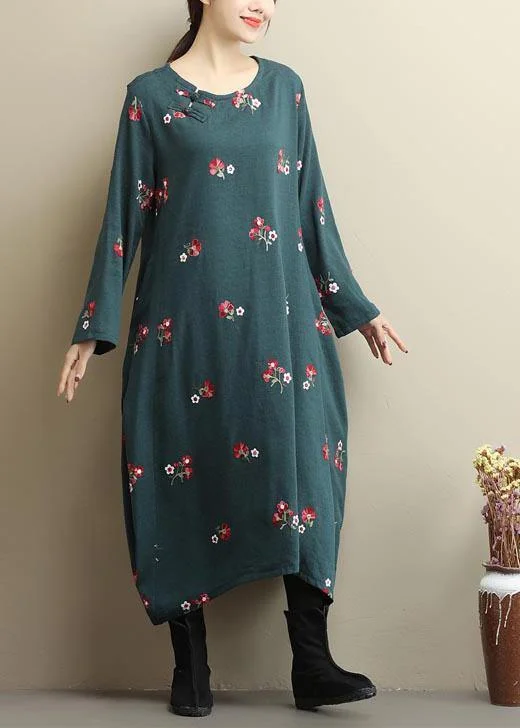 Natural O Neck Asymmetric Spring Clothes Runway Green Embroidery Dress Breathable unclassified dresses