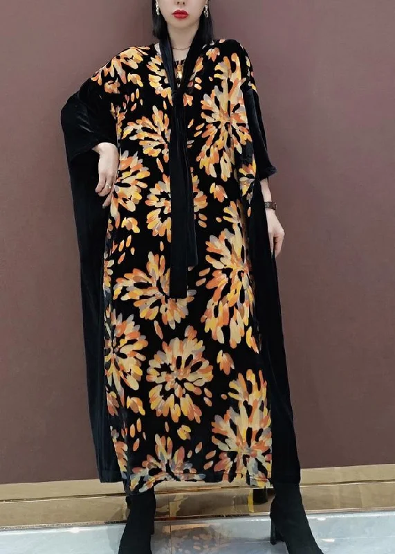 Natural V Neck Patchwork Spring Tunics For Women Fabrics Black Print Kaftan Dress Chiffon unclassified dresses