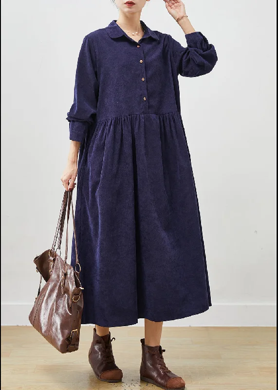 Navy Loose Corduroy Holiday Dresses Peter Pan Collar Pockets Spring Stretchy unclassified dresses