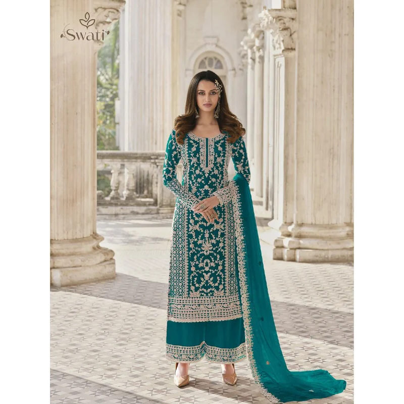 Net Fabric Wear Salwar Kameez Plazzo Suits Teal Blue Color Embroidery & Cording Work Dress Ruffled unclassified dresses