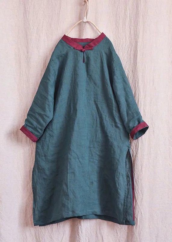 New Blackish Green Button Side Open Linen Mid Dress Spring Engagement unclassified dresses