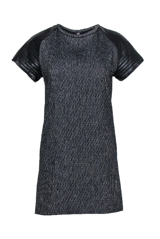 Nicholas- Black & White Tweed Dress w/ Quilted Leather Sleeves Sz 4 Casual unclassified dresses