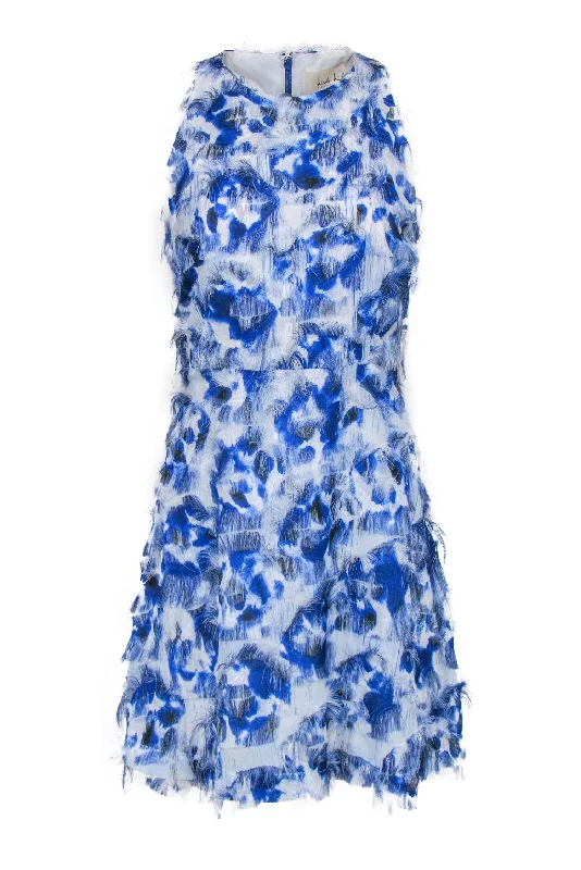 Nicole Miller - Blue & White Print Fuzzy Frayed Dress Sz 6 Earthy tone unclassified dresses