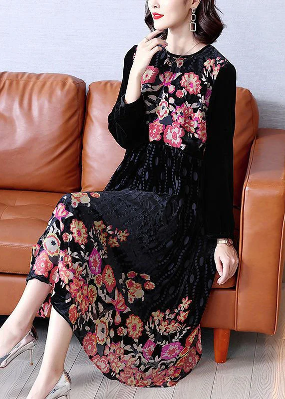 Organic Black O-Neck Patchwork Print Velour Dresses Spring Summer unclassified dresses