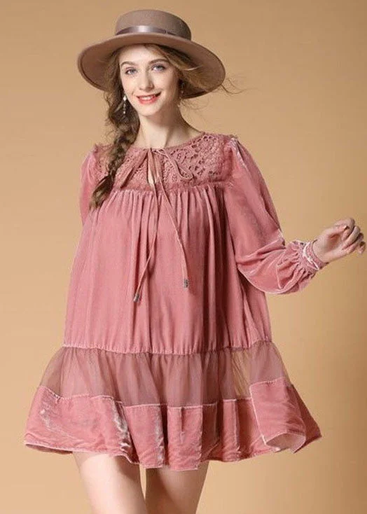 Organic Pink O Neck Patchwork Velour Dress Spring Tulle unclassified dresses