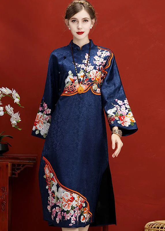 Original Design Navy Embroidered Jacquard Silk Chinese Style Dress Vestidos Spring Cocktail unclassified dresses