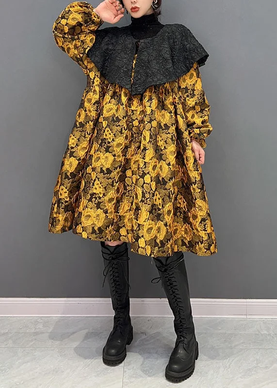 Original Design Yellow Turn-down Collar Jacquard Silk Dresses Spring Vintage unclassified dresses