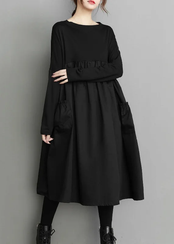 Oversized Black O Neck Wrinkled Pockets Patchwork Cotton Dress Spring Knitted unclassified dresses