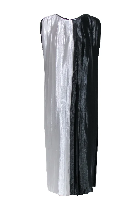 Partow - Black & White Hammered Satin Pleated Dress Sz 6 Plus size unclassified dresses