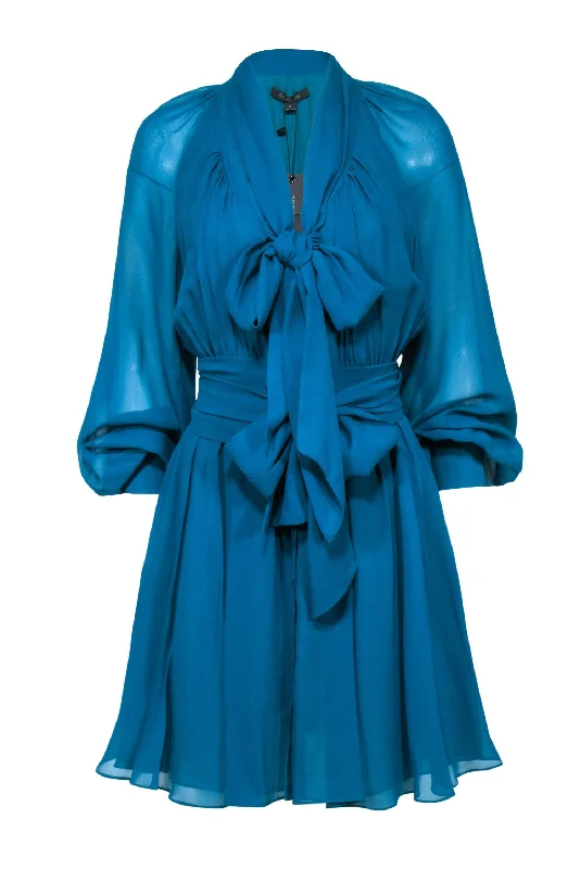 Rachel Zoe – Teal Blue Silk Dress w/ Tie Around Neck Sz 10 Discounted unclassified dresses