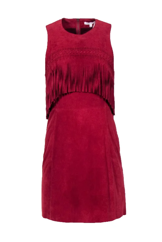 Rebecca Minkoff - Maroon Suede Goat Leather Sheath Dress w/ Fringe Sz 8 Pastel unclassified dresses