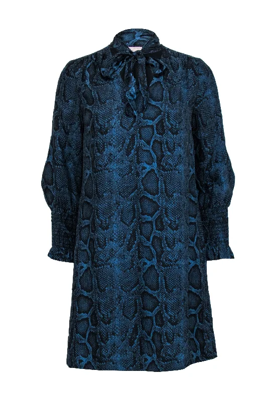 Rebecca Taylor - Blue & Black Snakeskin Print Silk Shift Dress w/ Neck Tie Sz 0 Discounted unclassified dresses