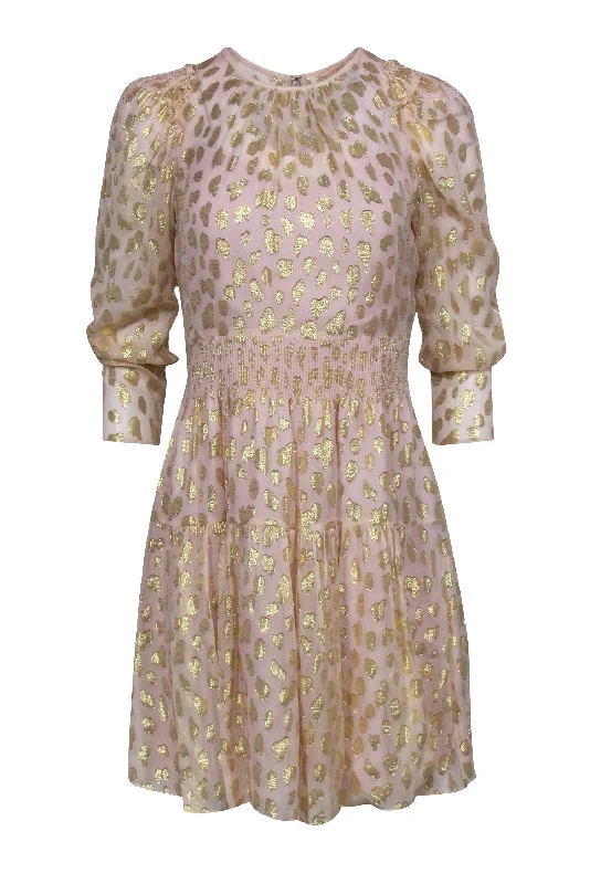 Rebecca Taylor - Blush Pink Dress w/ Gold Metallic Leopard Print Sz 2 Silk unclassified dresses