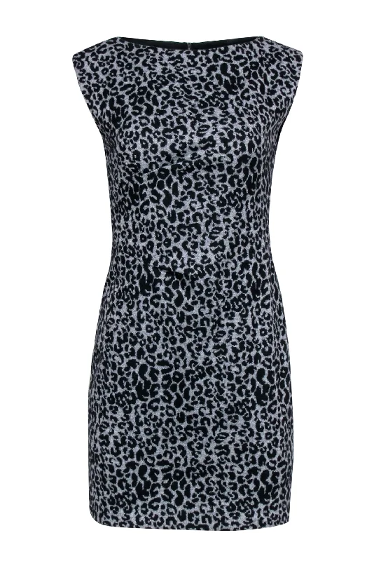 Rebecca Taylor - Grey & Black Leopard Print Sheath Dress Sz 4 Backless unclassified dresses