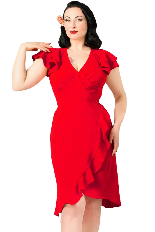 Red 50s Flutter Sleeves Wrap Ruffled Vintage Dress Ruched unclassified dresses