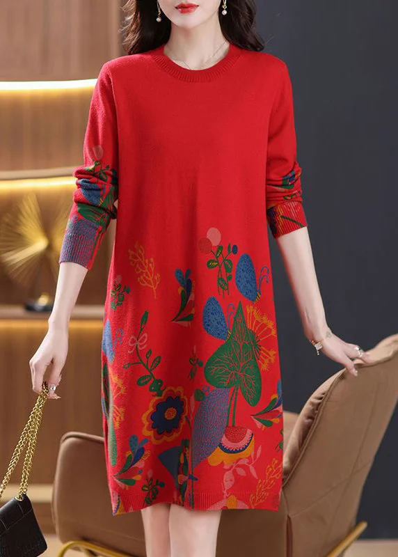 Red Side Open Cozy Wool Knit Dress O Neck Spring Flowy unclassified dresses