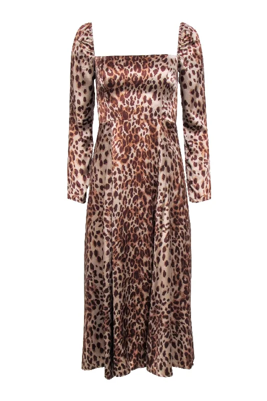 Reformation - Tan Leopard Print Puff Shoulder Dress Sz 2 Embroidered unclassified dresses