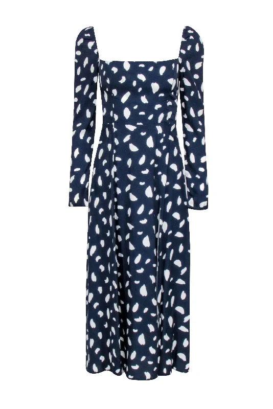 Reformation - Navy & Ivory Spotted Print High Slit Dress Sz 2 Spring unclassified dresses