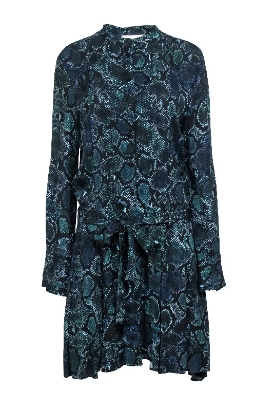 Reiss - Black & Green Snake Skin Print Button Front Dress Sz 10 Velvet unclassified dresses