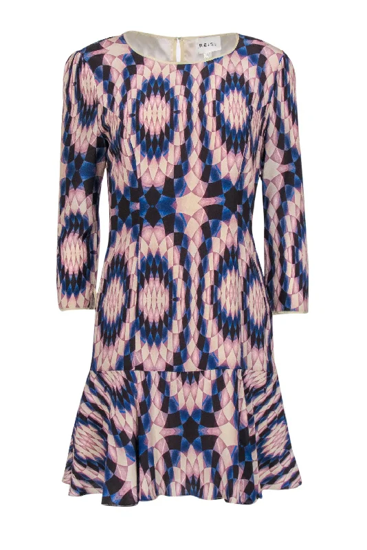 Reiss - Blue, Tan and Purple Geometric Silk Print Dress w/ Ruffle Hem Sz 6 Casual unclassified dresses