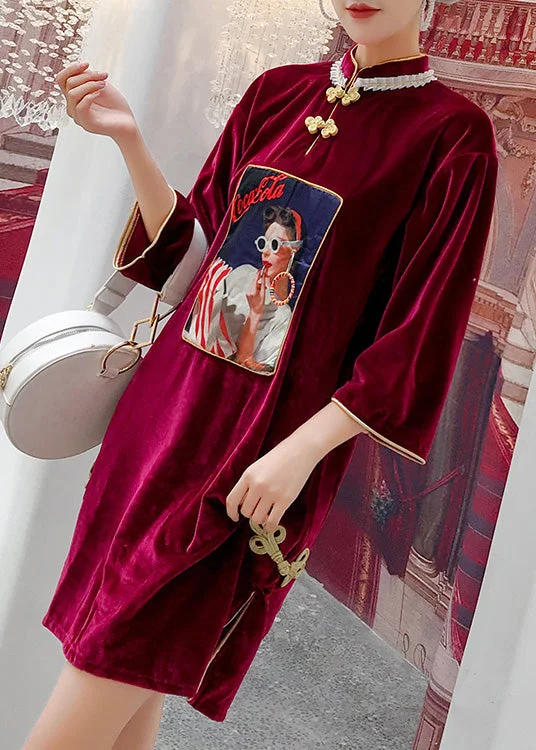 Retro Red Stand Collar Print Side Open Velour Mid Dress Spring Vintage unclassified dresses