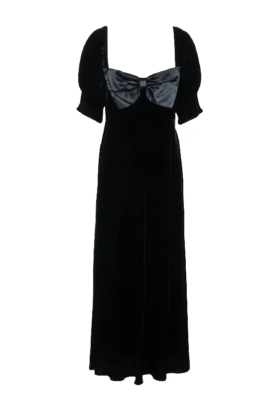 RIXO - Black Silk-Velvet Floor Length Dress w/ Satin Bow Sz 12 Denim unclassified dresses