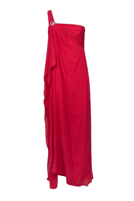 Roberto Cavalli - Ruffled Fuchsia One Shoulder Gown w/ Rhinestone Snake Brooch Sz 10 Satin unclassified dresses