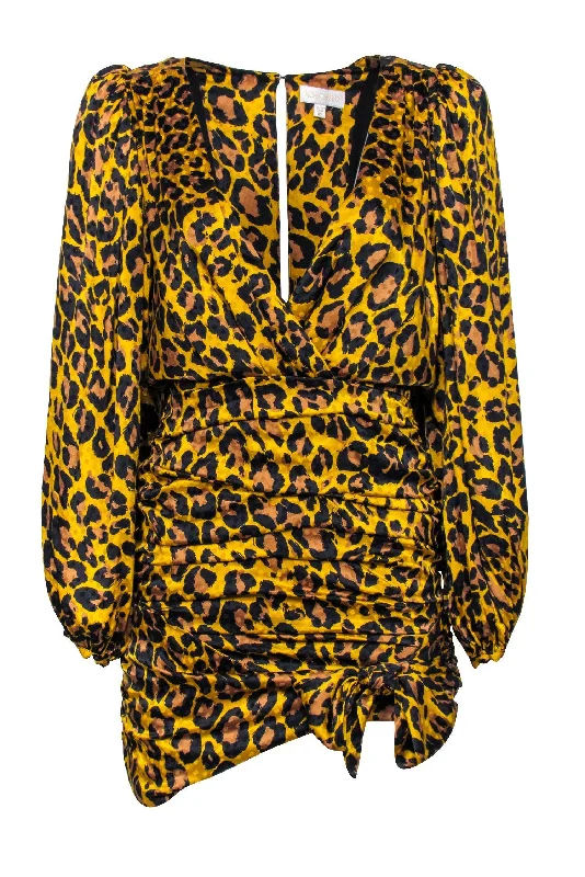 Ronny Kobo - Tan Leopard Print Deep V-Neckline Ruched Dress Sz M Spring unclassified dresses