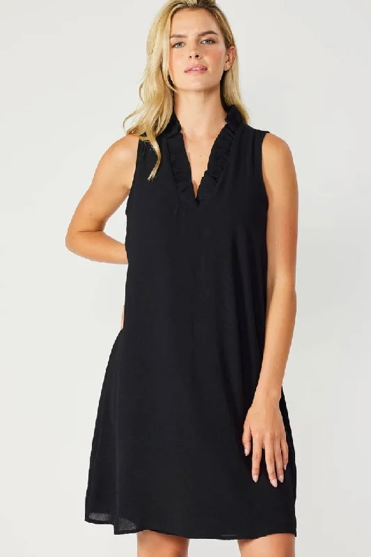 Ruffle Neck Sleeveless Dress - Black Beach unclassified dresses