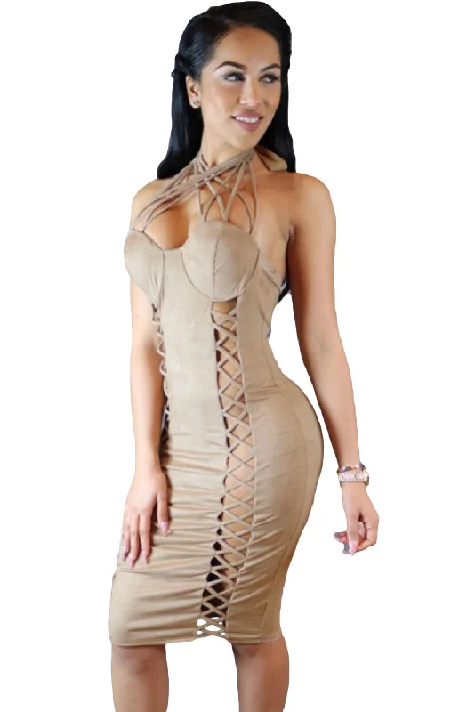 Sassy Nude Suede Caged Design Dress Gothic unclassified dresses