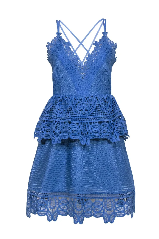 Self-Portrait - Blue Sleeveless Eyelet Peplum Dress Sz M Silk unclassified dresses