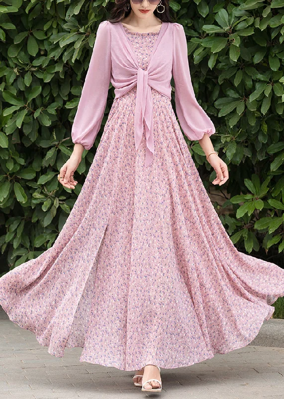 Sexy Pink Print Chiffon Cardigan And Slip Dress Two Pieces Set Spring Stylish unclassified dresses