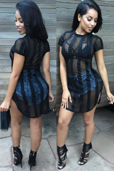 Sexy See-through Vertical Striped Hollow out Club Dress Fashionable unclassified dresses