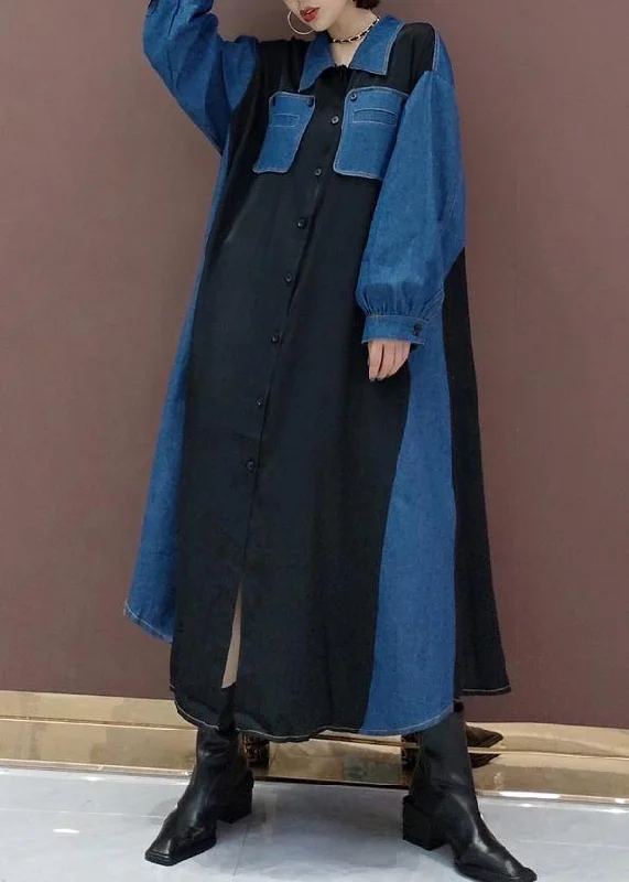 Simple Blue Dresses Lapel Patchwork Robe Spring Dress Minimalist unclassified dresses