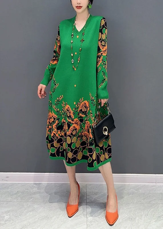 Simple Green V Neck Print Knit A Line Dress Spring Designer unclassified dresses