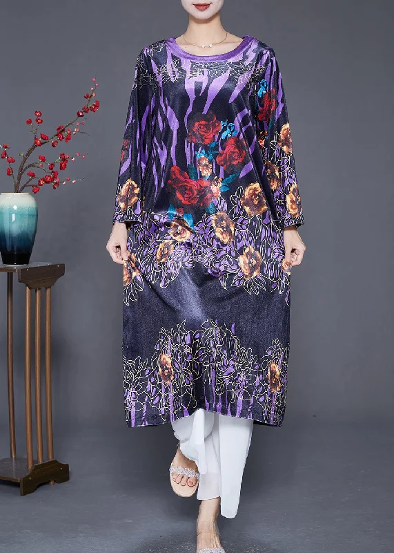 Simple Purple Oversized Print Silk Velour Holiday Dress Spring Y2K unclassified dresses