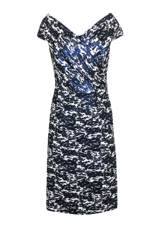 Teri Jon - Metallic Blue & White Print Off The Shoulder Dress Sz 12 Metallic unclassified dresses