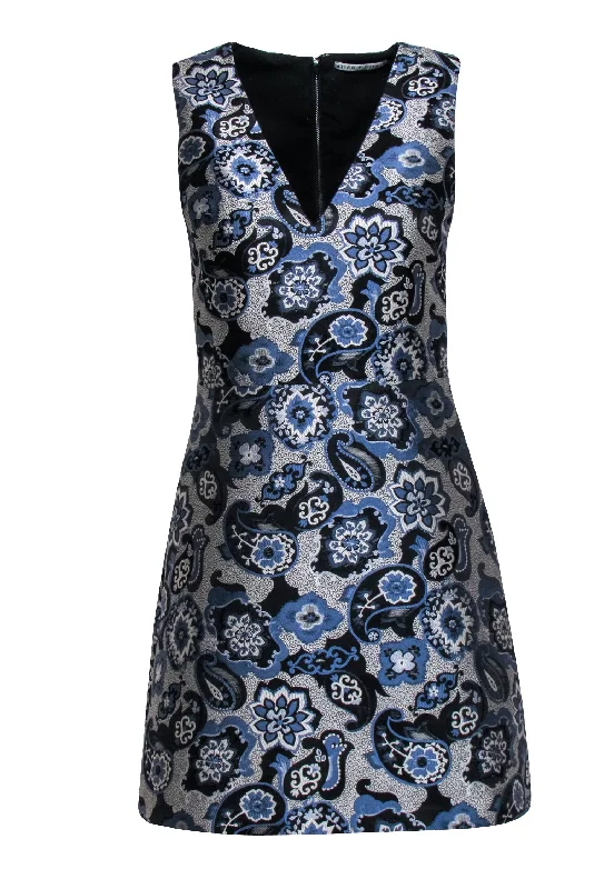 Alice & Olivia -  Blue, Black & Grey Paisley Jacquard Sleeveless Dress Sz 2 Striped unclassified dresses