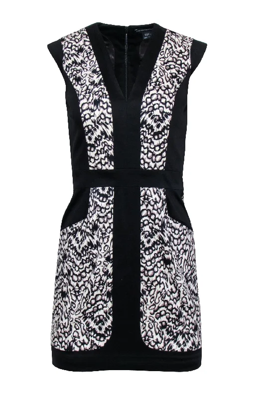 French Connection - Black & White Print V-Neckline Dress Sz 4 Halter unclassified dresses