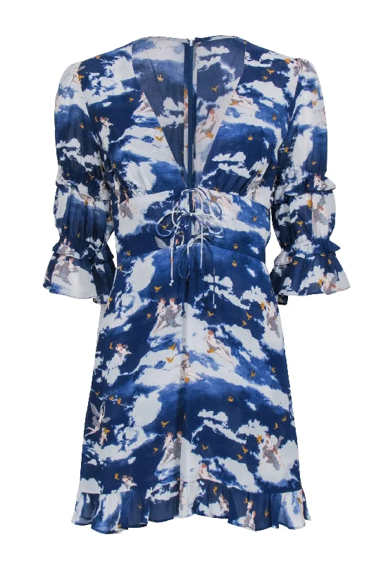 Reformation - Blue Angel Print V-Neckline Dress Sz 4 Breathable unclassified dresses