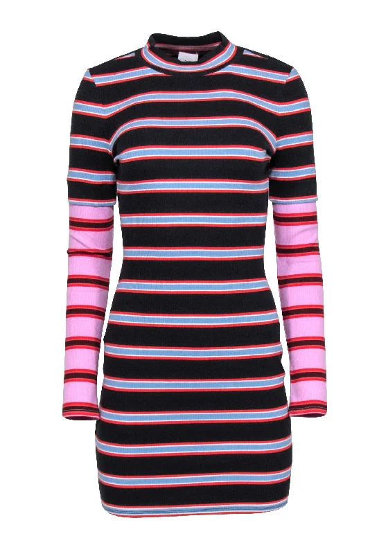 Cinq a Sept - Black & Multi Color Stripe Ribbed Dress Sz M Casual unclassified dresses