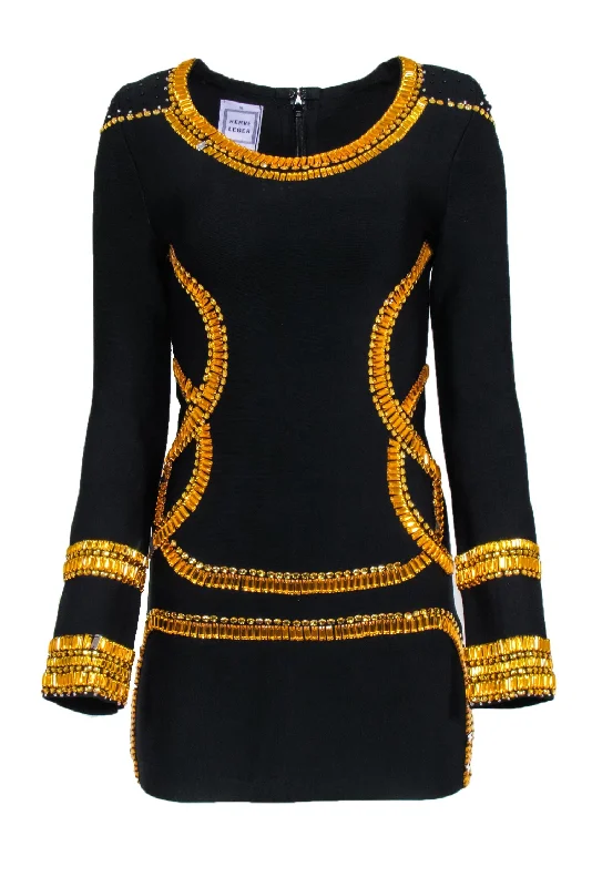 Herve Leger - Black Bandage with Gold Jewel Trim Sz XL Trendy unclassified dresses