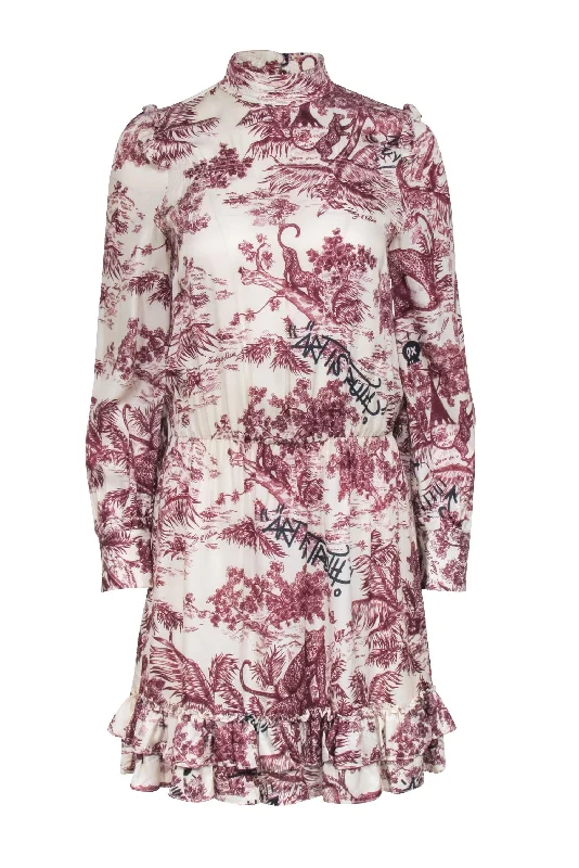 Zadig & Voltaire - Cream & Maroon Toile Print Satin Dress Sz XS Long sleeve unclassified dresses