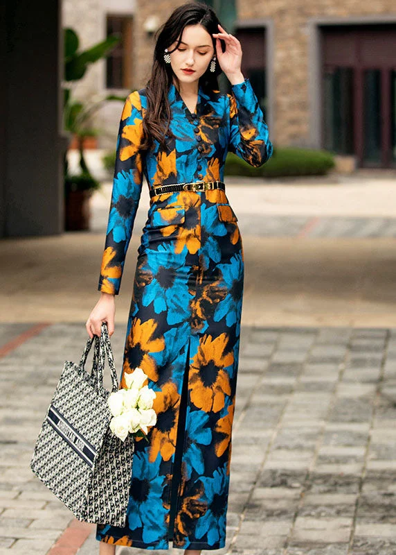 Slim Fit Blue V Neck Print Side Open Silk Wrap Dresses Spring Spring unclassified dresses