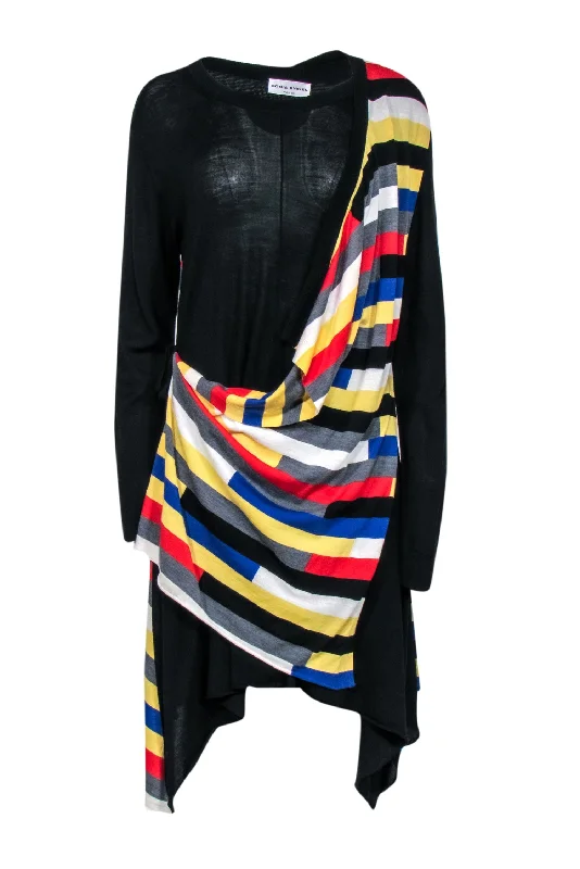 Sonia Rykiel - Black Wool Faux Wrap Dress w/ Striped Overlay Sz L Sexy unclassified dresses