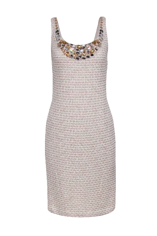 St. John - Beige, Salmon, & Gold Tweed Dress w/ Jeweled Neckline Sz 8 Ruched unclassified dresses