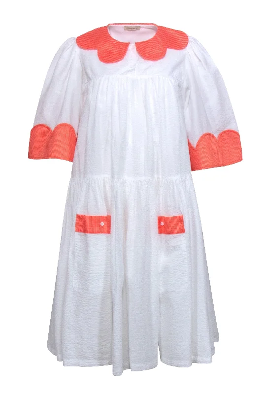 Stella Nova - White Seersucker Dress w/ Orange Trim Sz 6 Tiered unclassified dresses