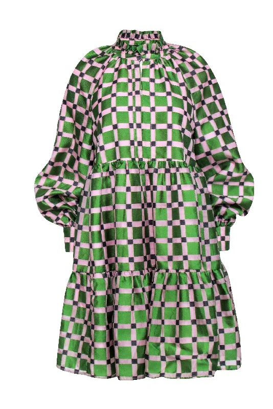 Stine Goya - Pink & Green Checkered Print PuffSleeve Dress Sz XS Cocktail unclassified dresses