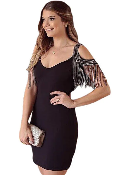 Studded Cold-shoulder Backless Club Dress with Tassel Y2K unclassified dresses