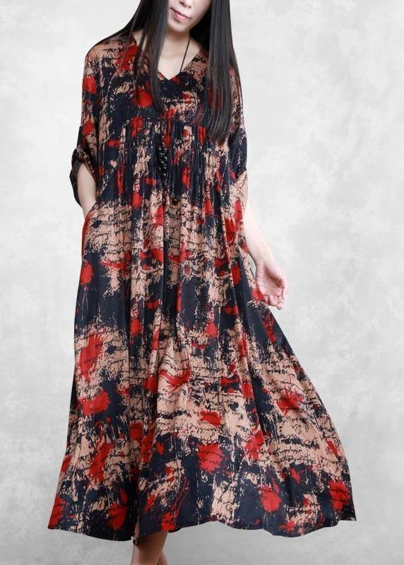 Style Black Print Tunics V Neck Large Hem Robe Spring Dresses Off-shoulder unclassified dresses